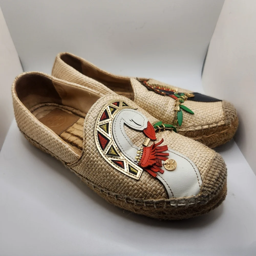 Tory Burch Size 6.5M Swan Espadrille Slide On Flats Shoes Leather Beach Designer